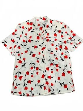 Vintage sheer white button up with red tulips and shoulder pads